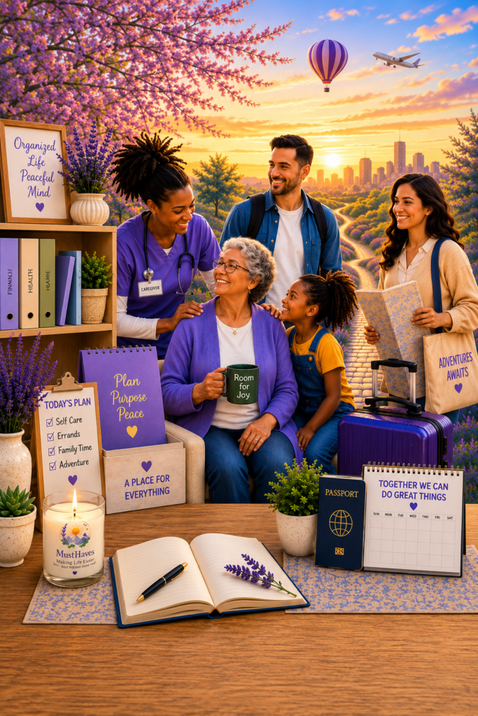 MustHaves Founding Members community illustration featuring family support, caregiving, travel planning, organization, and trusted resources